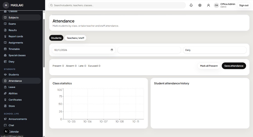 The attendance register, with present, absent, late, and excused