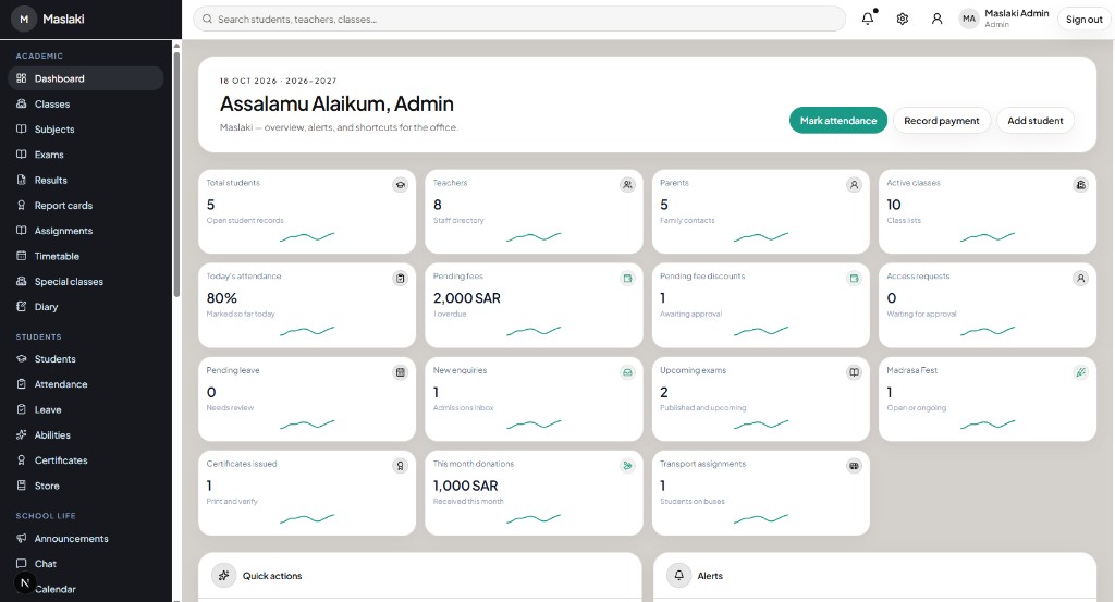 The office dashboard, with students, attendance, and fees