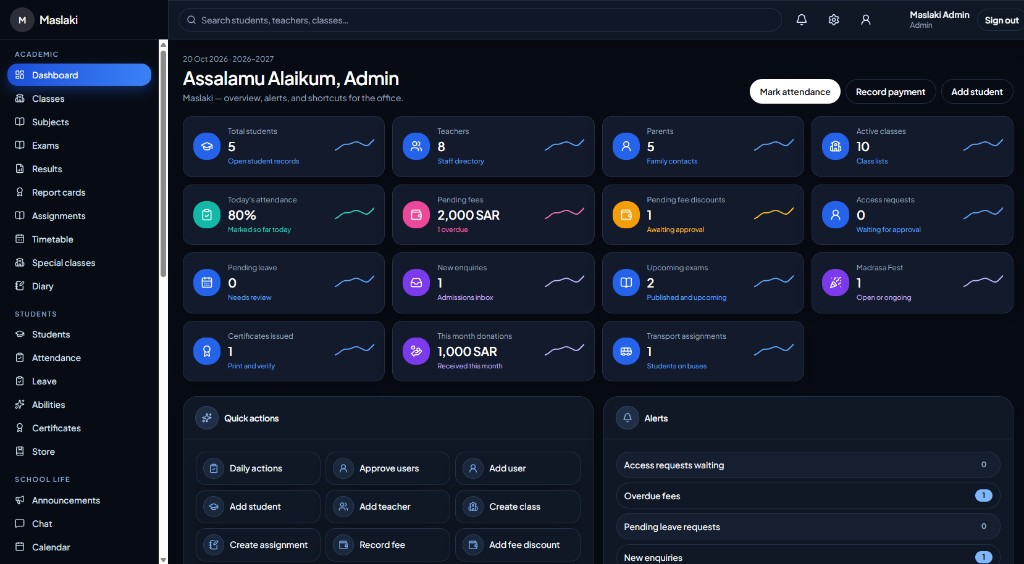 The office dashboard, with students, attendance, and fees